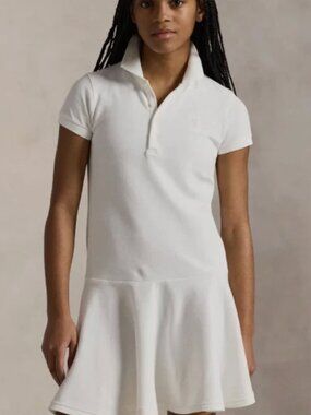Polo Ralph Lauren Girls Stretch Cotton Mesh Polo Dress White Preppy Size Large